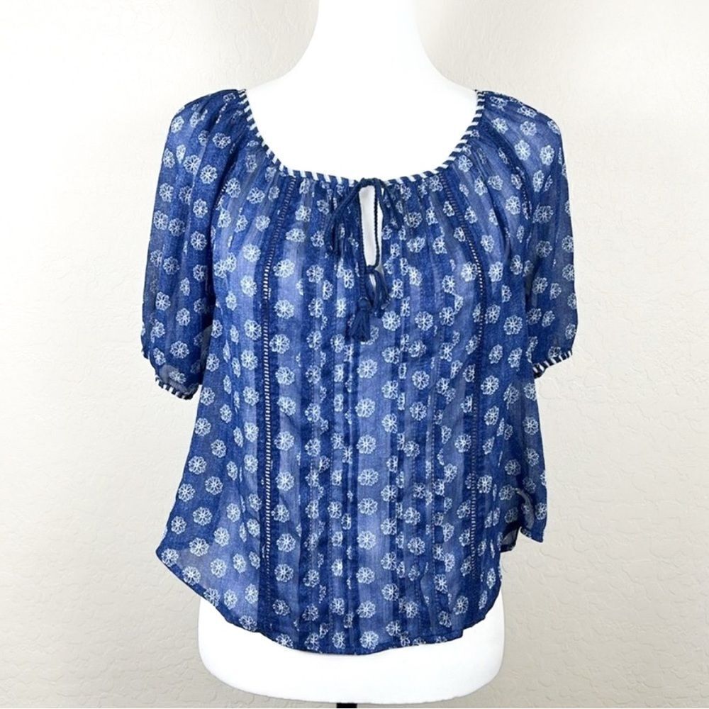 Abercrombie & Fitch Peasant Blouse Floral Lightweight Semi Sheer Top Blue XS